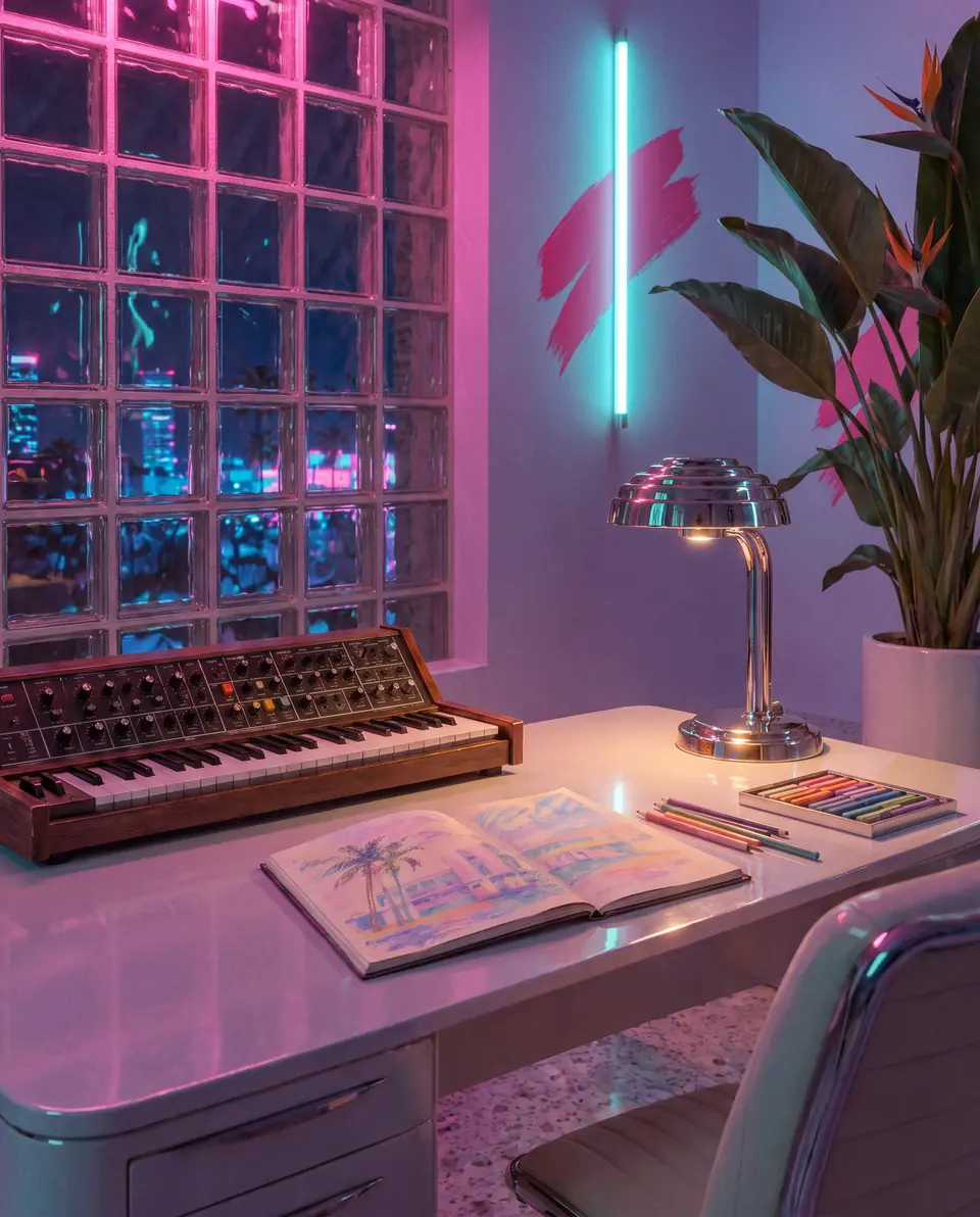 A studio desk at night with an analog synthesizer, an open sketchbook of palm drawings, colored pencils and a cyan neon tube by a glass-block window