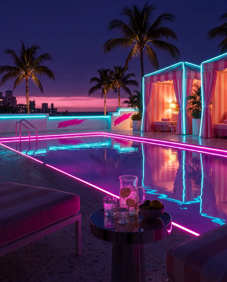 A rooftop pool deck at night, cabanas and the pool edge outlined in pink and cyan neon, a pitcher of iced lemon water on a side table and palms against a pink horizon