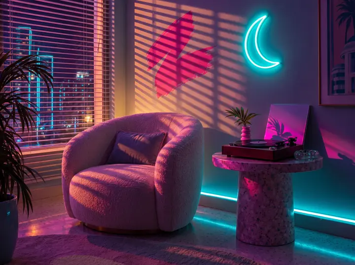 A living room corner at night with a boucle armchair, a turntable on a side table, a cyan neon crescent and pink brush strokes on the wall
