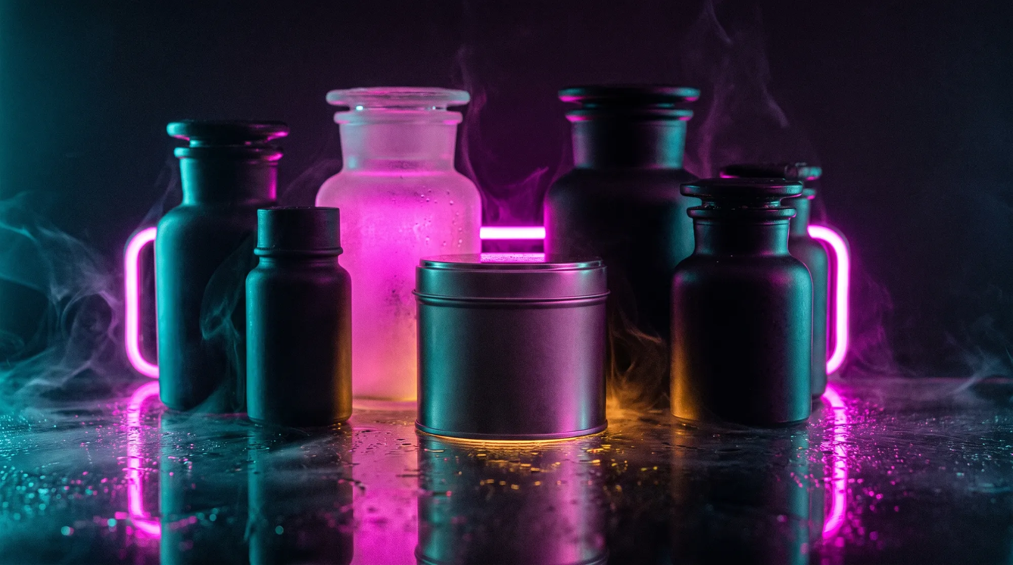 Unlabelled matte-black and frosted-glass jars lit by magenta and cyan neon on a wet mirrored surface